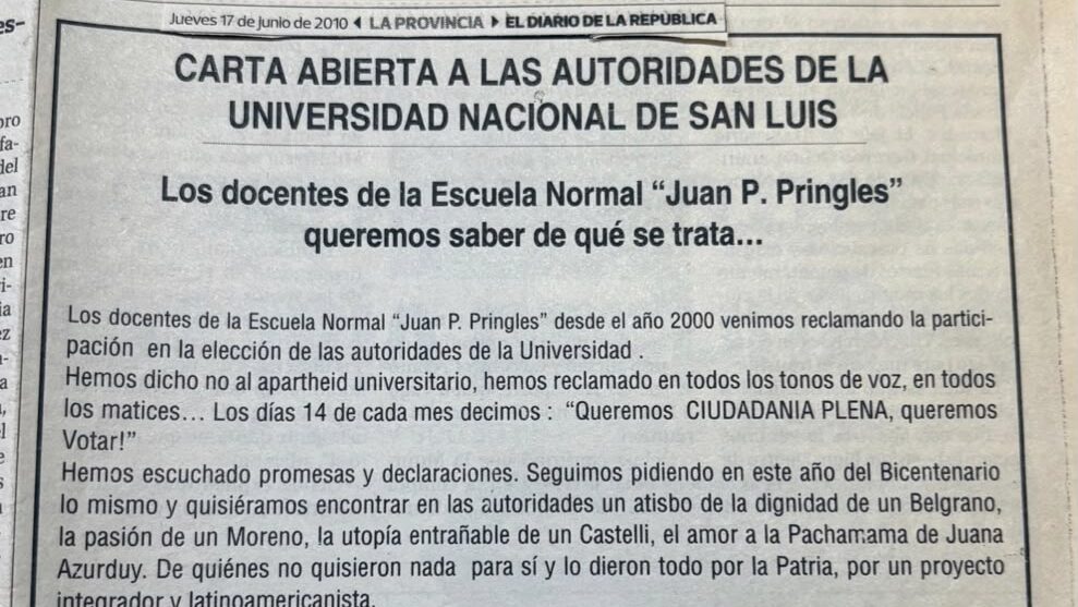 CARTA ABIERTA A LAS AUTORIDADES DE LA UNIVERSIDAD NACIONAL DE SAN LUIS